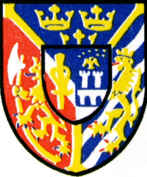 arms of King Carl XIV, with Kalmar in chief, Norway in the dexter half and Folkunga in the sinister, with an inescutcheon of Vasa impaling Bernadotte