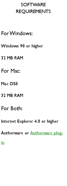 Text Box: Software RequirementsFor Windows:Windows 98 or higher32 MB RAMFor Mac:Mac OS832 MB RAMFor Both:Internet Explorer 4.0 or higherAuthorware or Authorware plug-in 