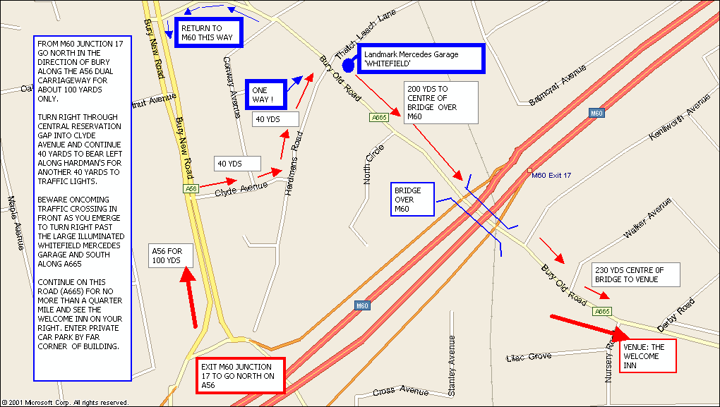 Map M60 junction 17 to The Welcome Inn, Whitefield