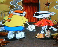 Numbuh 1 and Lizzie walking away from the mess of the restaurant holding hands.  Aww...