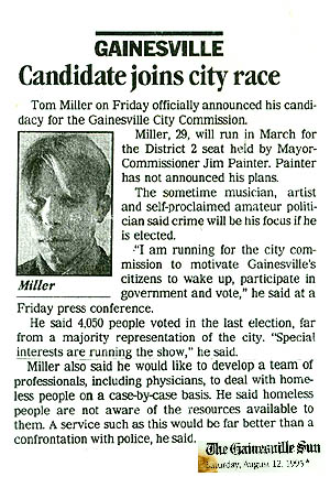 Miller's First Press Announcement to run for City Commission of Gainesville, Florida