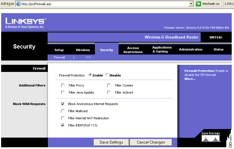 Firewall-Optionen des Linksys WRT54G mit DD-WRT-Firmware