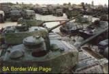 T34/85 tanks, Gaz trucks, and other hardware captured during Ops Protea. Many of the vehicles captured were new. An estimated 2000 tons of equipment was captured, and confirmed the massive buildup of conventional forces near the SWA border. Here weapons are on display in northern SWA at a SADF base.