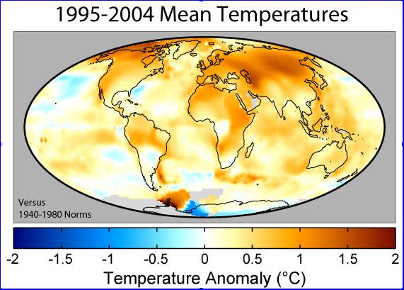 Mean surface temperature anomalies during the period 1995 to 2004 with ...