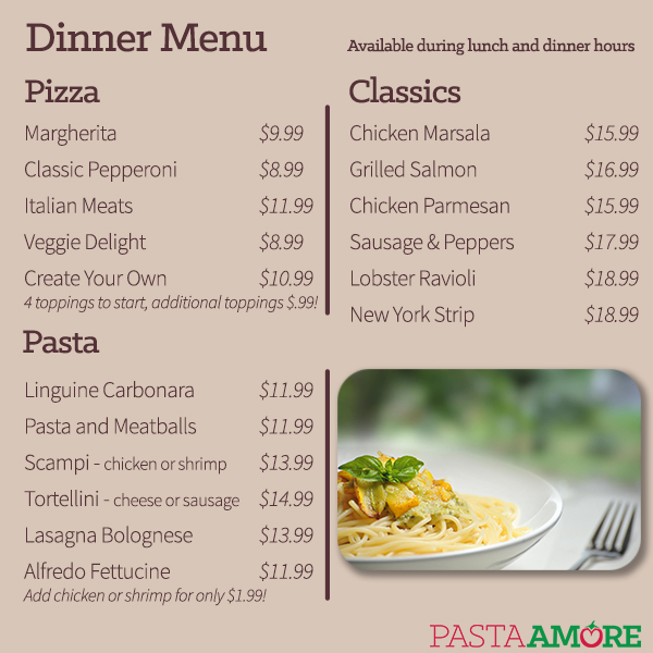 Dinner Menu - Pasta Amore